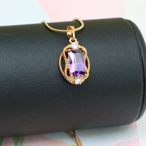 "Purple Rectangle Pendant with Gold Plated Frame and Crystal Accents, XPPT1683 - Picture 6 of 13